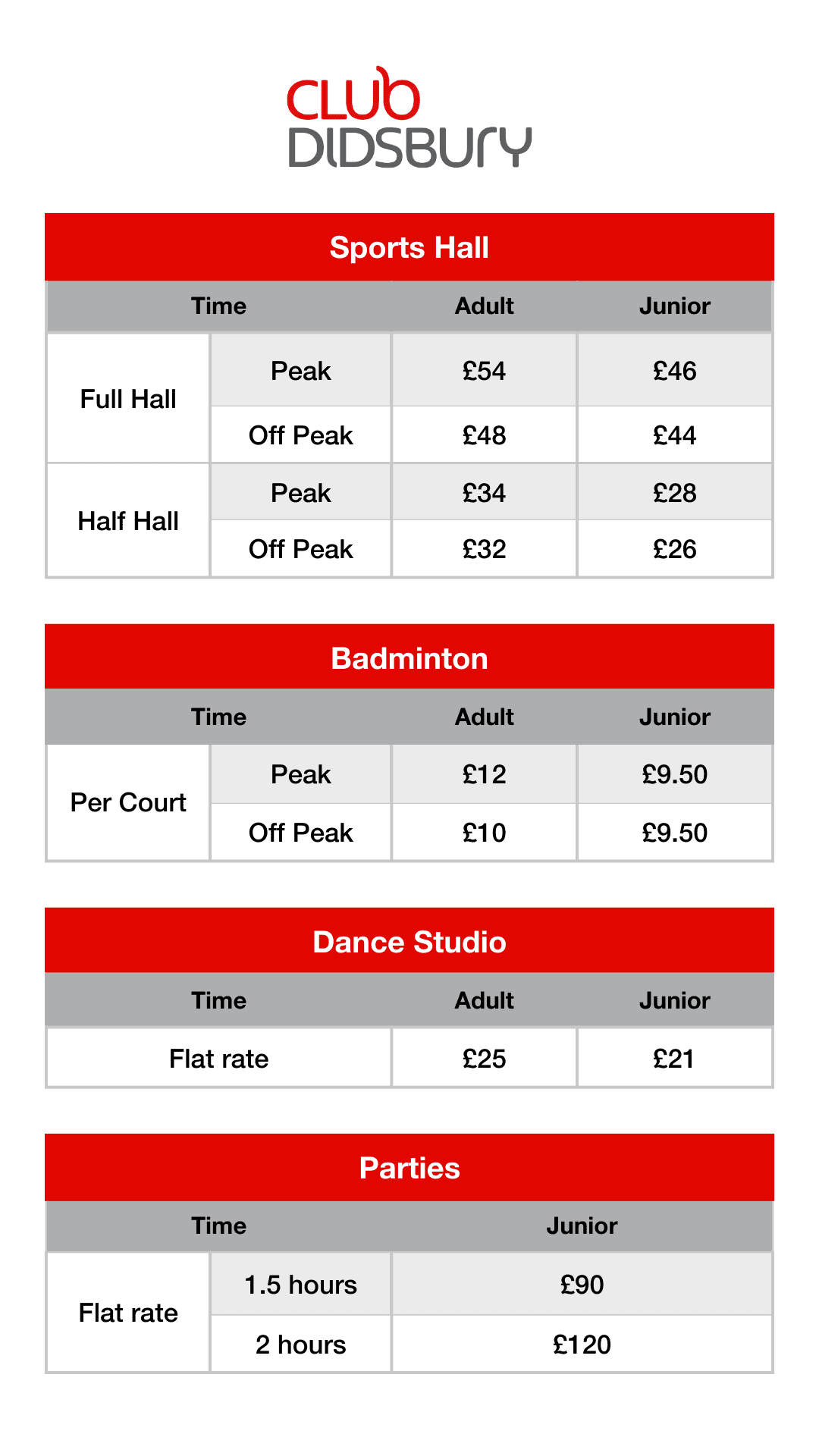 Club Didsbury Price List for 2024 to 2025. Contact staff to find out full details.