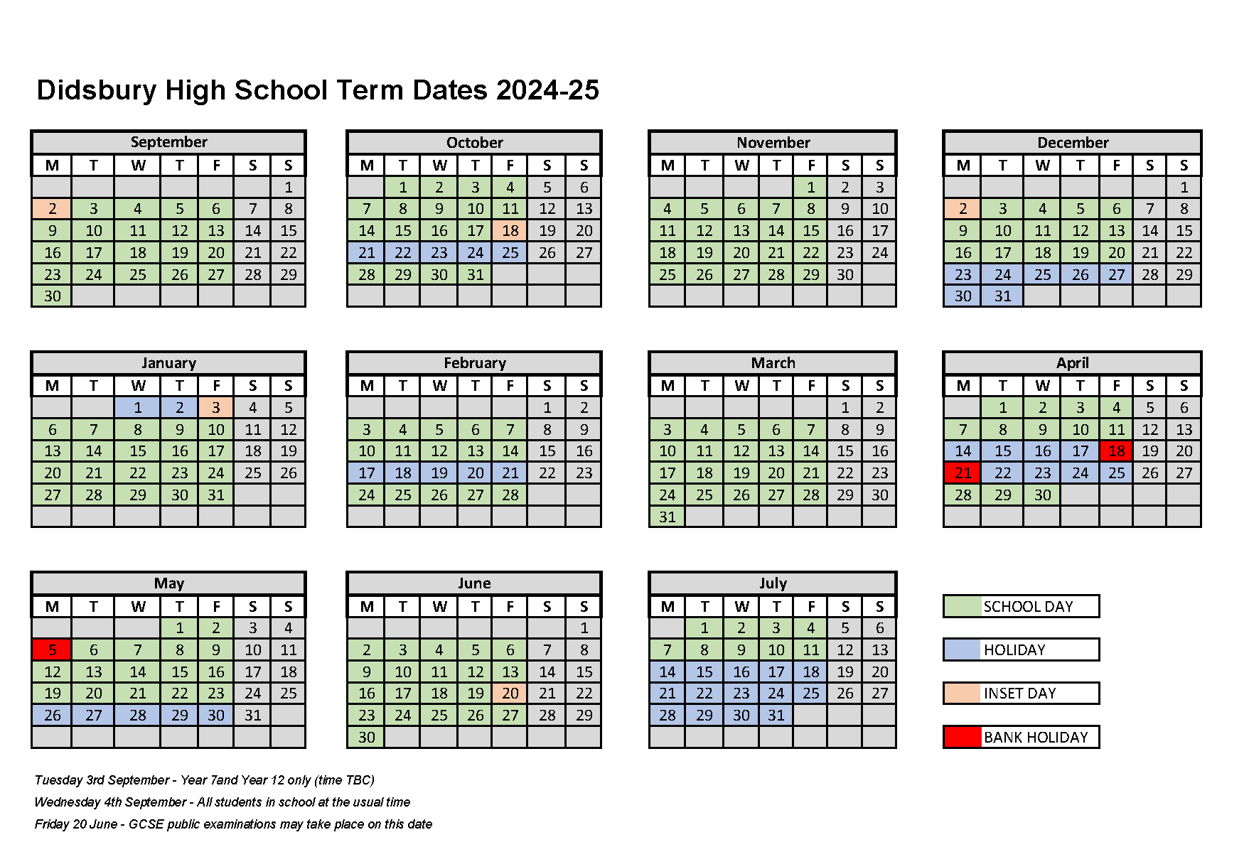 Didsbury High School calendar image term dates for the academic year 2024 to 2025