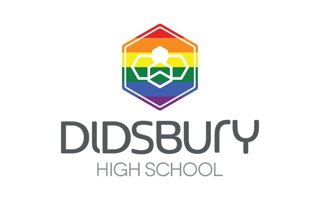 The Didsbury High School logo in the Pride flag colours.